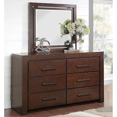 Six Drawer Dresser and Mirror with Wood Frame